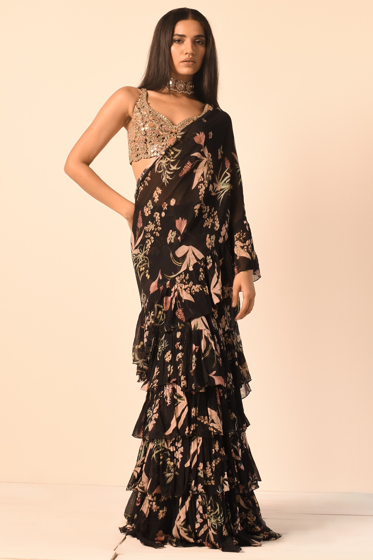 Floral Print Ruffled Drape Saree - 27534 – House of Dharaa