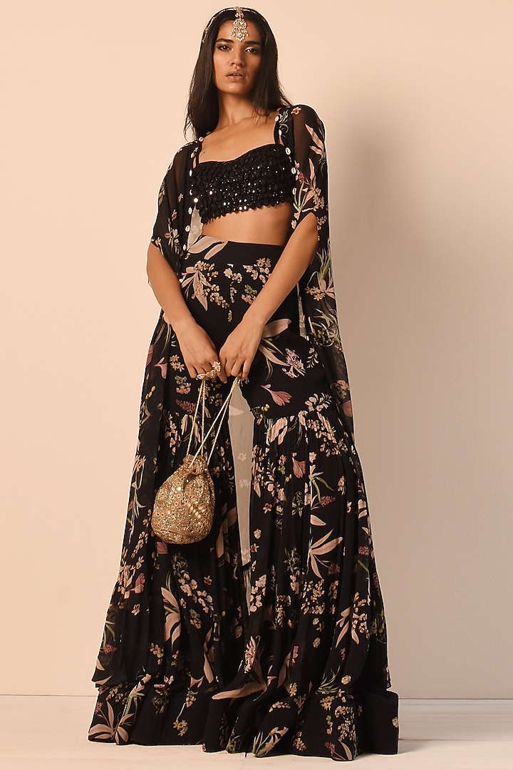 Black Georgette Printed Gharara Set by Arpita Mehta at Pernia's Pop Up Shop