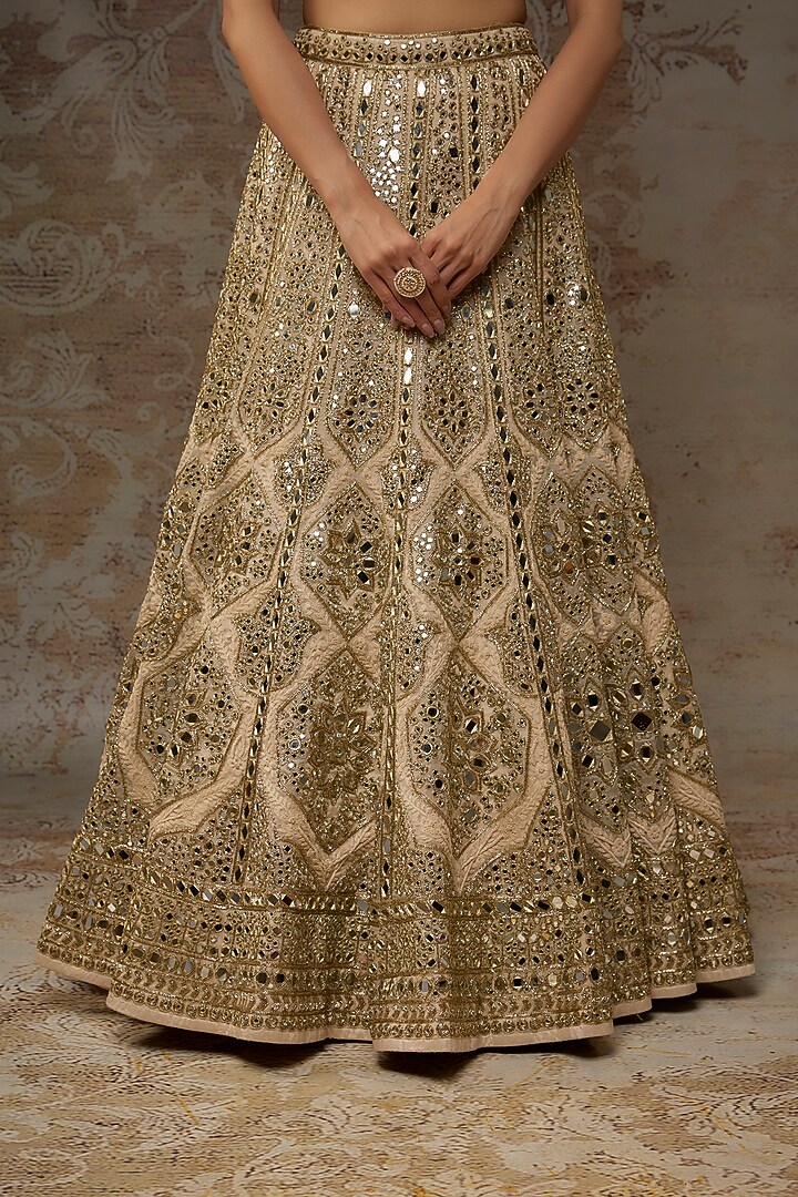 Gold & Ivory Organza Hand Embroidered Bridal Lehenga Set by Arpita Mehta at Pernia's Pop Up Shop