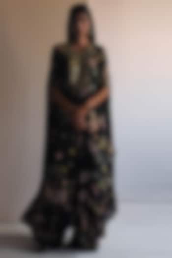 Black Natural Crepe Floral Printed & Embroidered Cape Set by Arpita Mehta