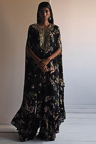 Black Natural Crepe Floral Printed & Embroidered Cape Set by Arpita Mehta
