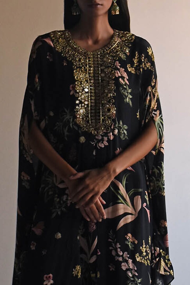 Black Natural Crepe Floral Printed & Embroidered Cape Set by Arpita Mehta at Pernia's Pop Up Shop