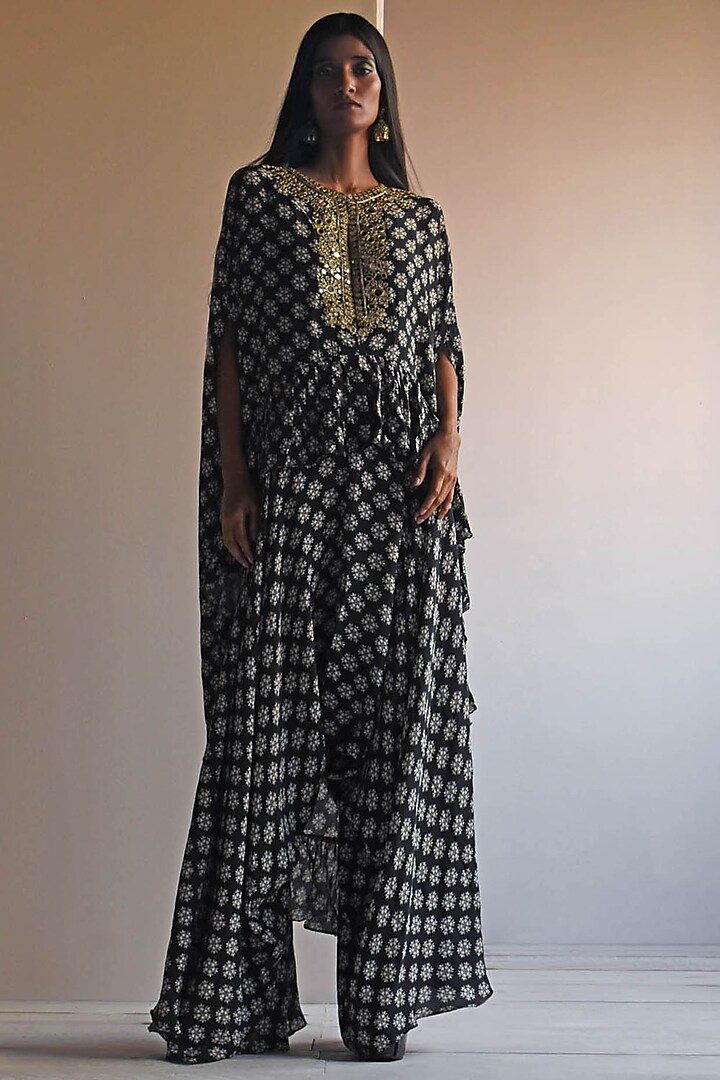 Black Georgette Printed & Hand Embroidered Cape Set by Arpita Mehta