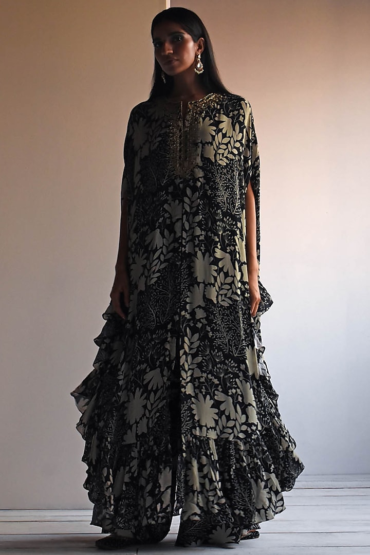 Black Natural Crepe Printed & Hand Embroidered Cape Set by Arpita Mehta