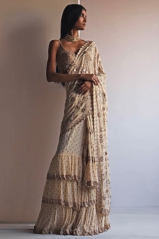 Coconut Georgette Tiered Ruffle Saree Set by Arpita Mehta