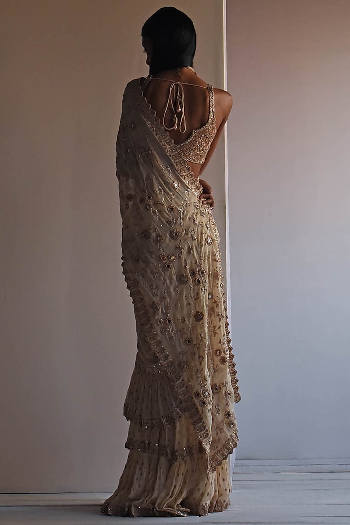 Coconut Georgette Tiered Ruffle Bridal Saree Set by Arpita Mehta at Pernia's Pop Up Shop