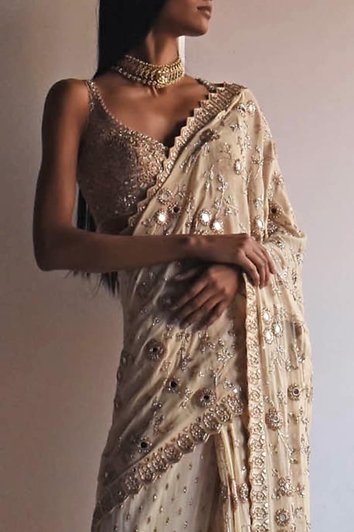 Coconut Georgette Tiered Ruffle Bridal Saree Set by Arpita Mehta at Pernia's Pop Up Shop