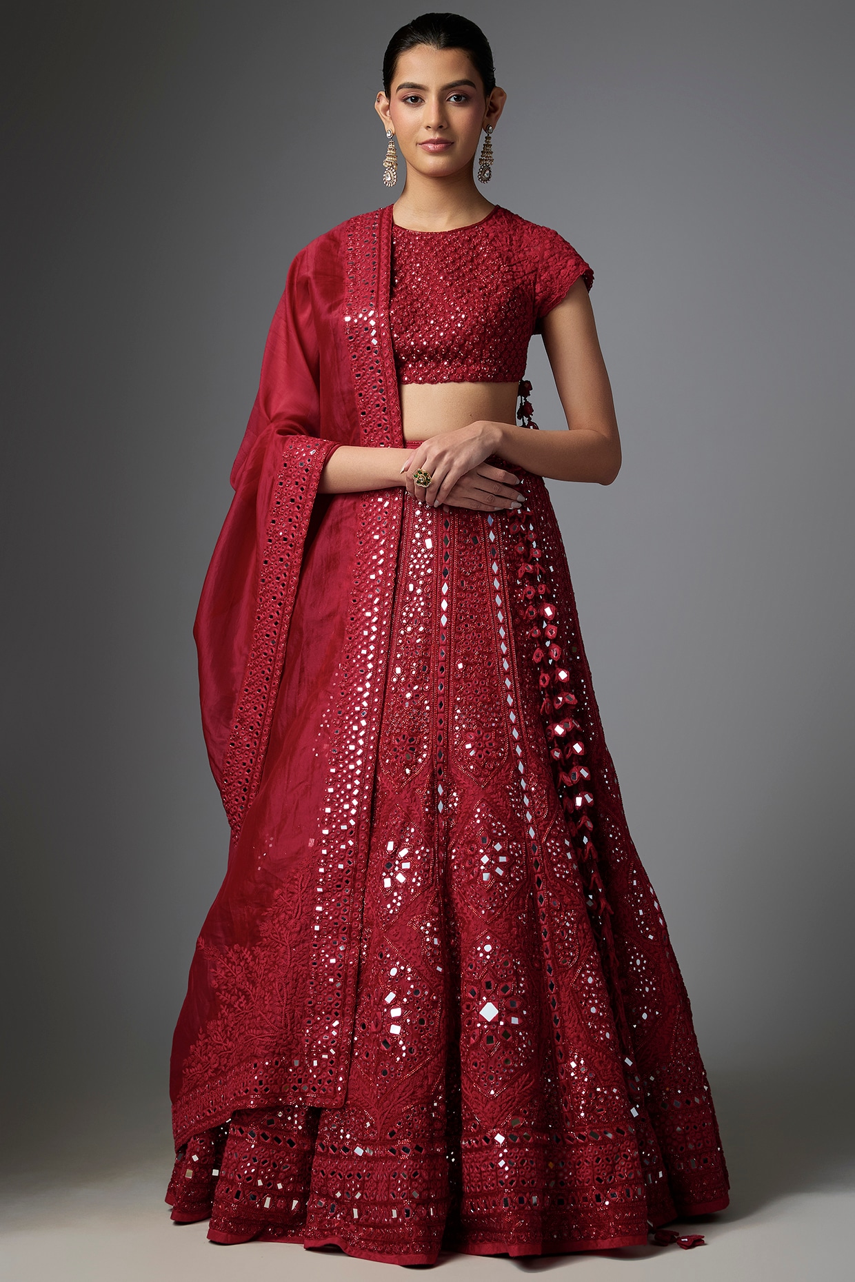 Arpita Mehta Red Organza Hand Embroidered Lehenga Set