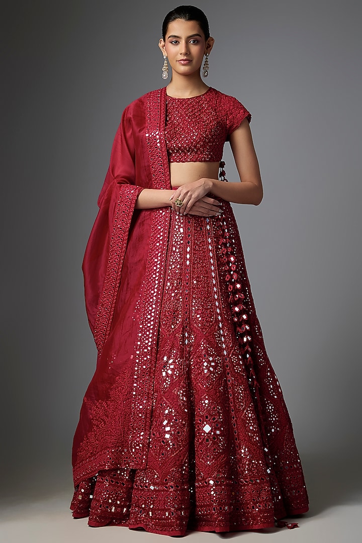 Red Organza Hand Embroidered Bridal Lehenga Set by Arpita Mehta at Pernia's Pop Up Shop