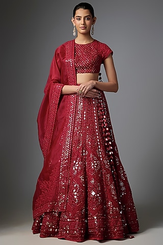 Red Organza Hand Embroidered Lehenga Set by Arpita Mehta