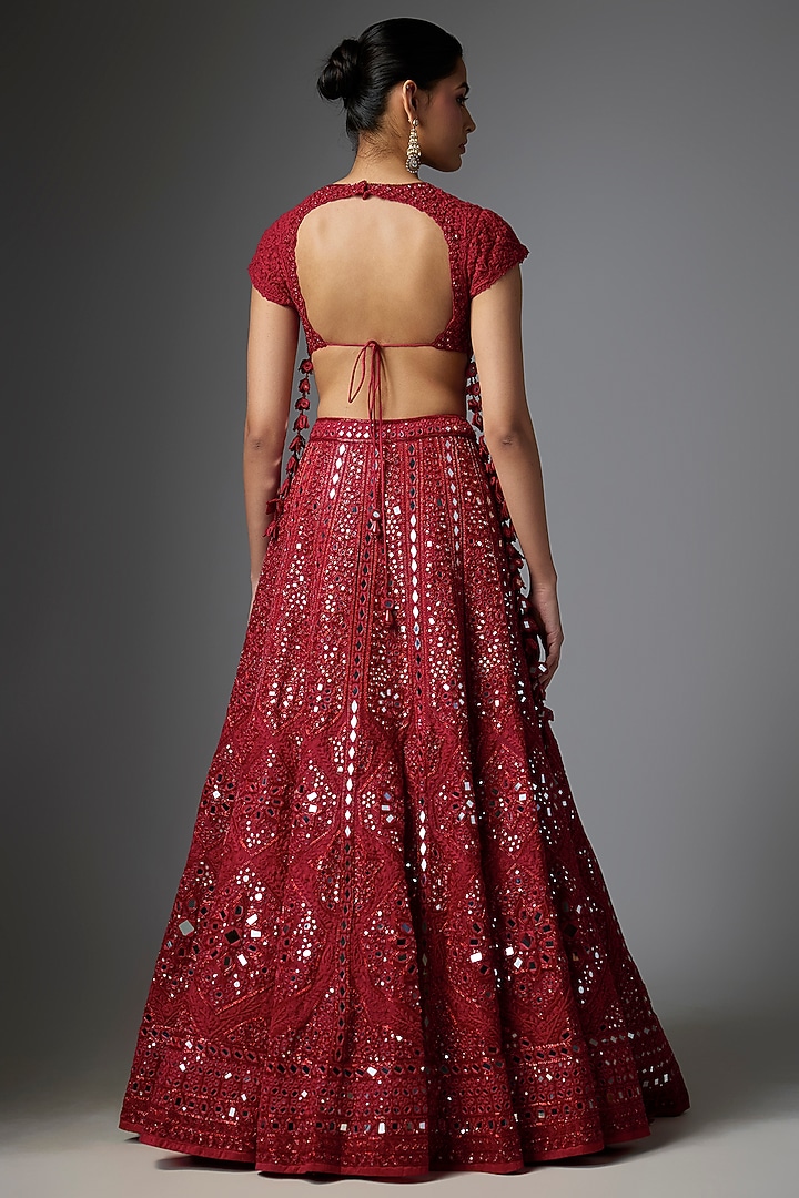 Red Organza Hand Embroidered Bridal Lehenga Set by Arpita Mehta at Pernia's Pop Up Shop