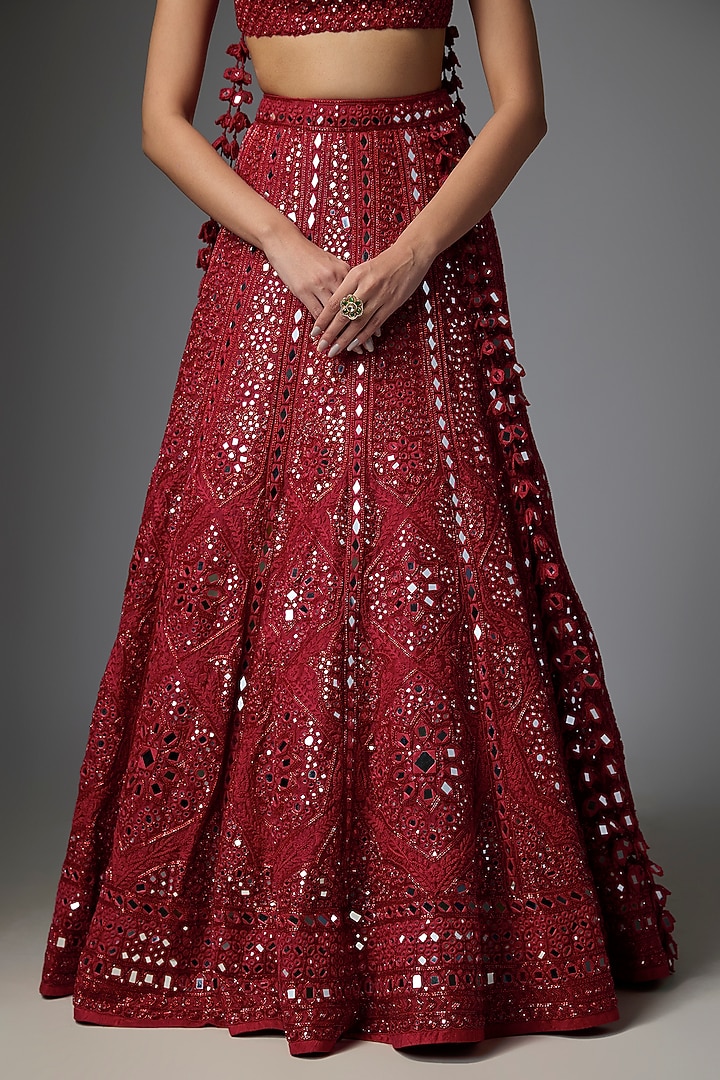 Red Organza Hand Embroidered Bridal Lehenga Set by Arpita Mehta at Pernia's Pop Up Shop