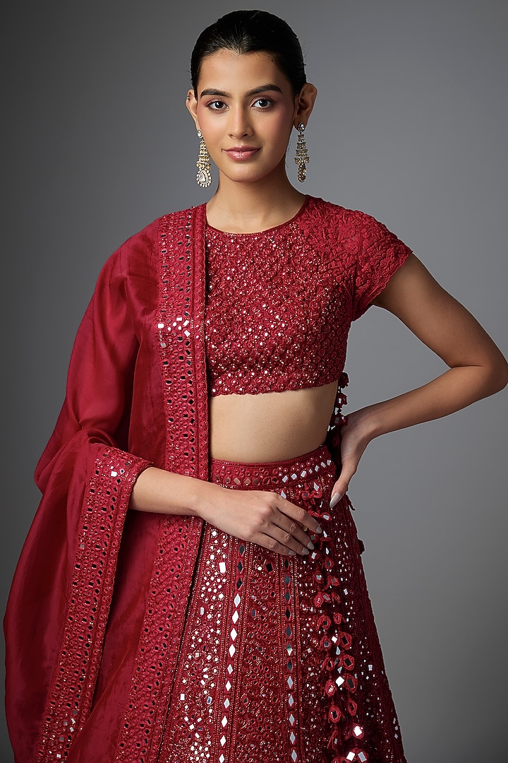 Red Organza Hand Embroidered Bridal Lehenga Set by Arpita Mehta at Pernia's Pop Up Shop