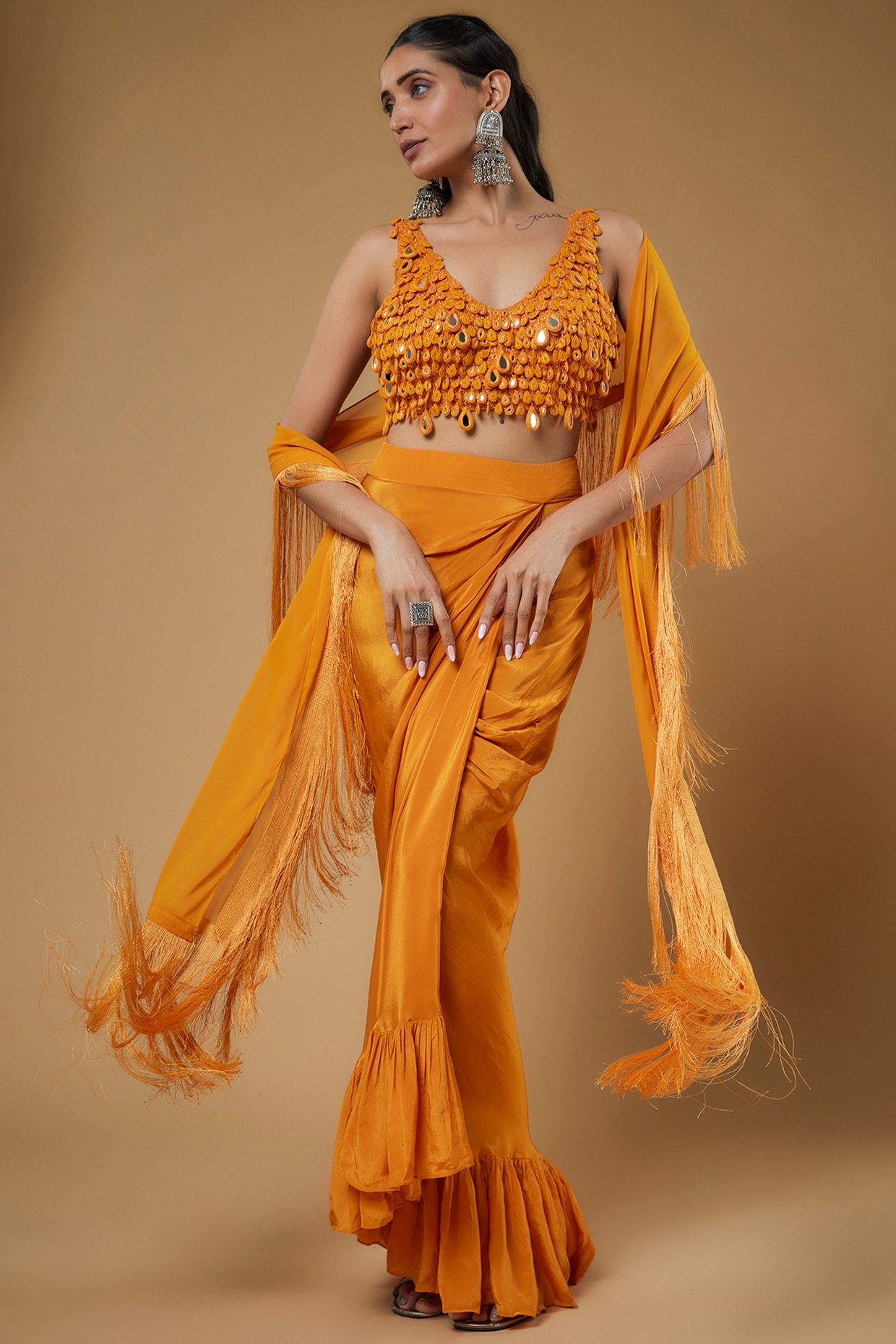 Orange Crepe Silk Tulip Skirt Set by Arpita Mehta at Pernia's Pop