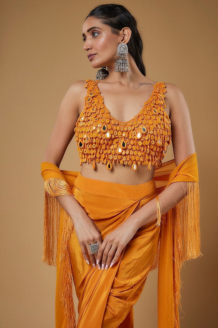 Orange Crepe Silk Tulip Skirt Set by Arpita Mehta at Pernia's Pop Up Shop