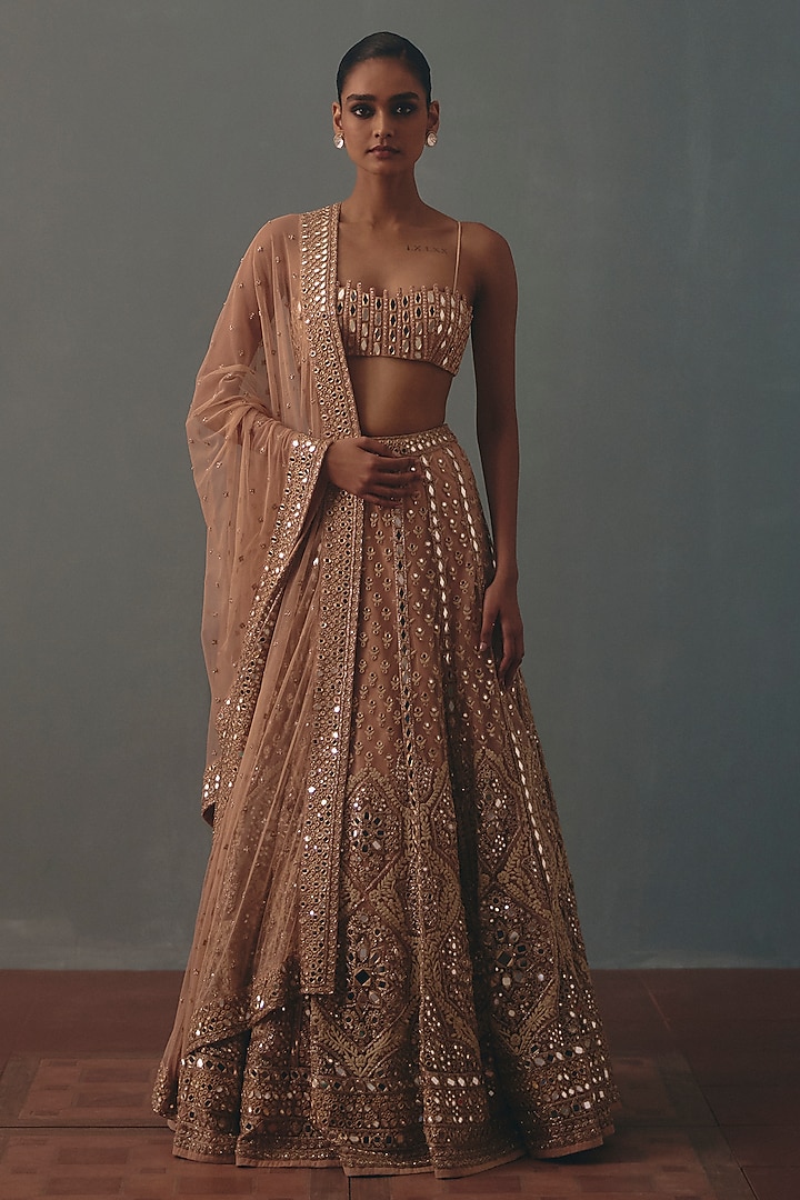 Dusty Pink Net Embroidered Bridal Bridal Lehenga Set by Arpita Mehta at Pernia's Pop Up Shop