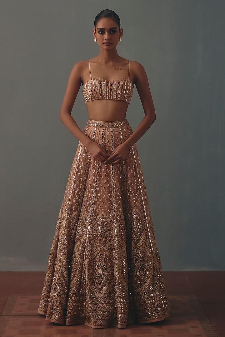 Dusty Pink Net Embroidered Bridal Bridal Lehenga Set by Arpita Mehta at Pernia's Pop Up Shop