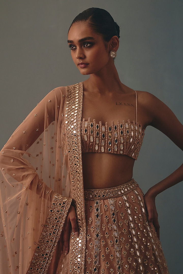Dusty Pink Net Embroidered Bridal Bridal Lehenga Set by Arpita Mehta at Pernia's Pop Up Shop
