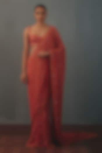 Coral Georgette Hand Embroidered Bridal Bridal Saree Set by Arpita Mehta at Pernia's Pop Up Shop