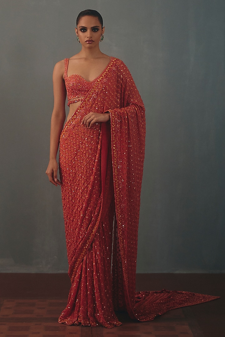 Coral Georgette Hand Embroidered Bridal Bridal Saree Set by Arpita Mehta at Pernia's Pop Up Shop