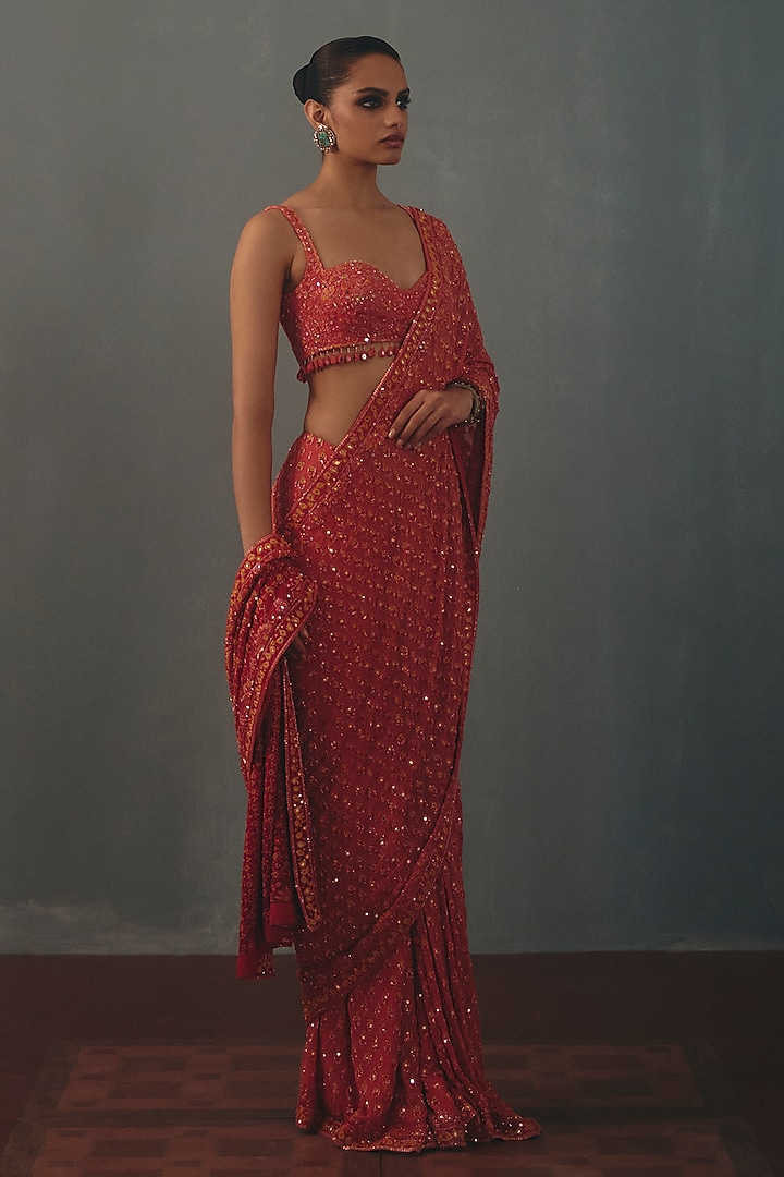 Coral Georgette Hand Embroidered Bridal Bridal Saree Set by Arpita Mehta at Pernia's Pop Up Shop