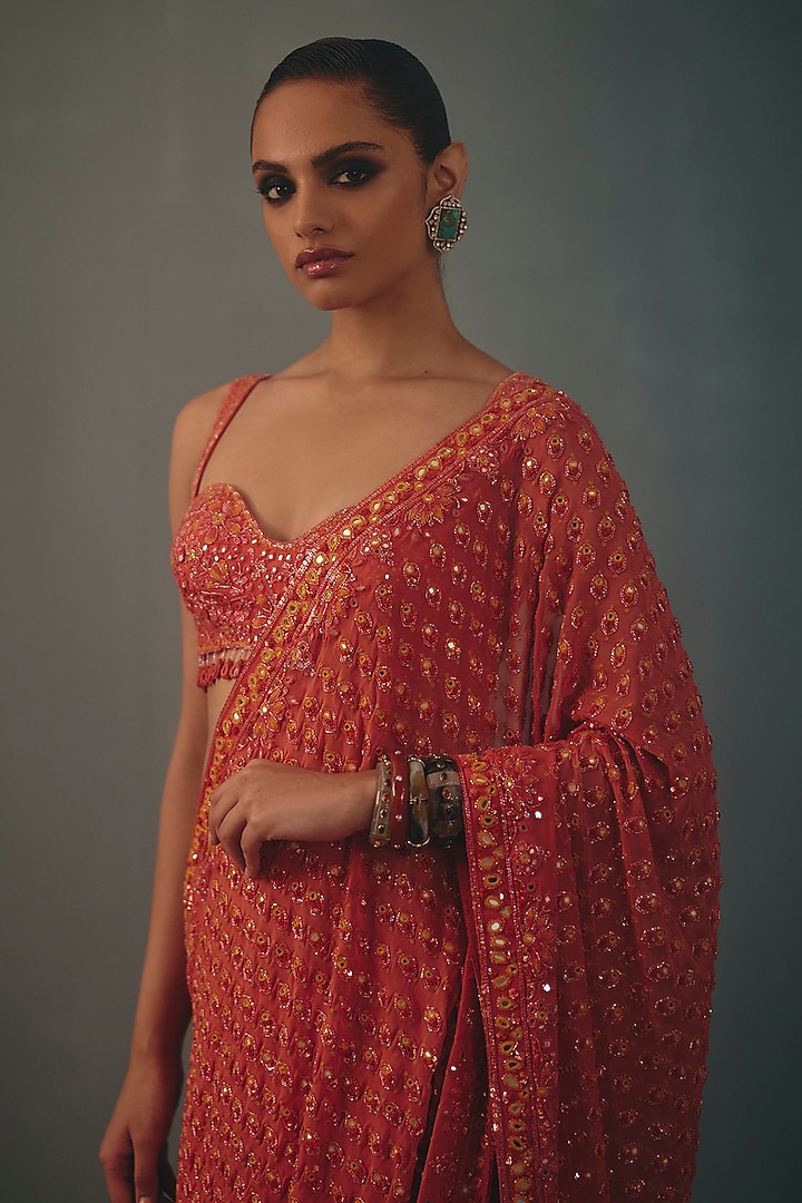Coral Georgette Hand Embroidered Bridal Bridal Saree Set by Arpita Mehta at Pernia's Pop Up Shop