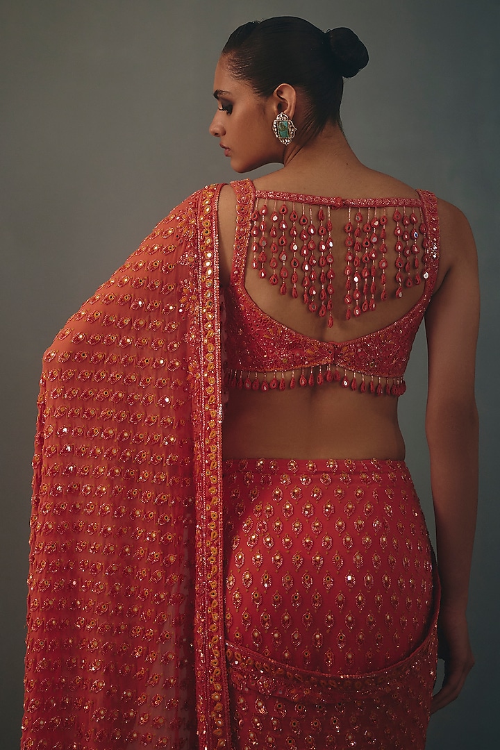 Coral Georgette Hand Embroidered Bridal Bridal Saree Set by Arpita Mehta at Pernia's Pop Up Shop