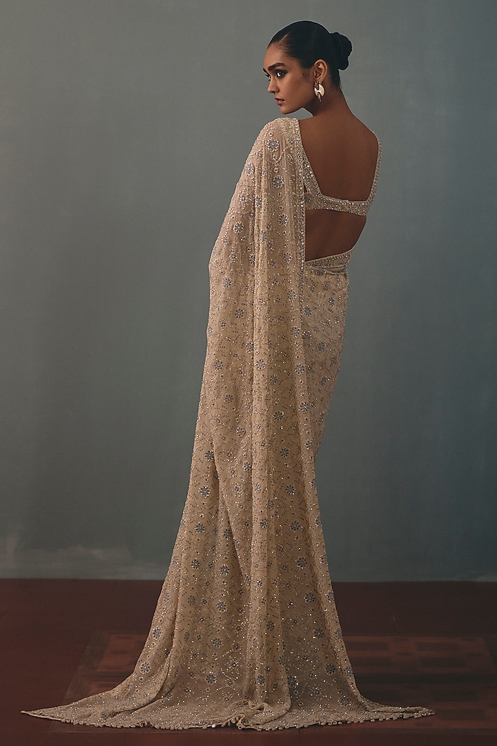Coconut White Georgette Hand Embroidered Bridal Bridal Saree Set by Arpita Mehta at Pernia's Pop Up Shop