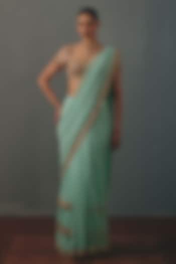 Light Turquoise Georgette Hand Embroidered Pre-Draped Bridal Bridal Saree Set by Arpita Mehta at Pernia's Pop Up Shop