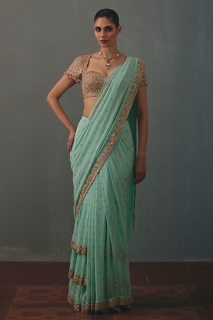 Light Turquoise Georgette Hand Embroidered Pre-Draped Bridal Bridal Saree Set by Arpita Mehta at Pernia's Pop Up Shop