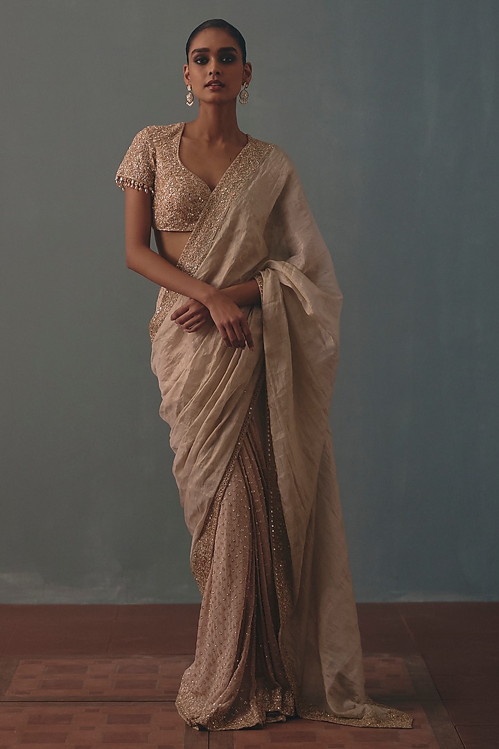 Rose Gold Tissue Silk Hand Embroidered Bridal Bridal Saree Set by Arpita Mehta at Pernia's Pop Up Shop