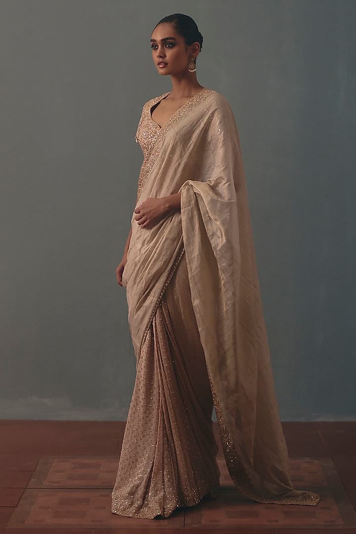Rose Gold Tissue Silk Hand Embroidered Bridal Bridal Saree Set by Arpita Mehta at Pernia's Pop Up Shop