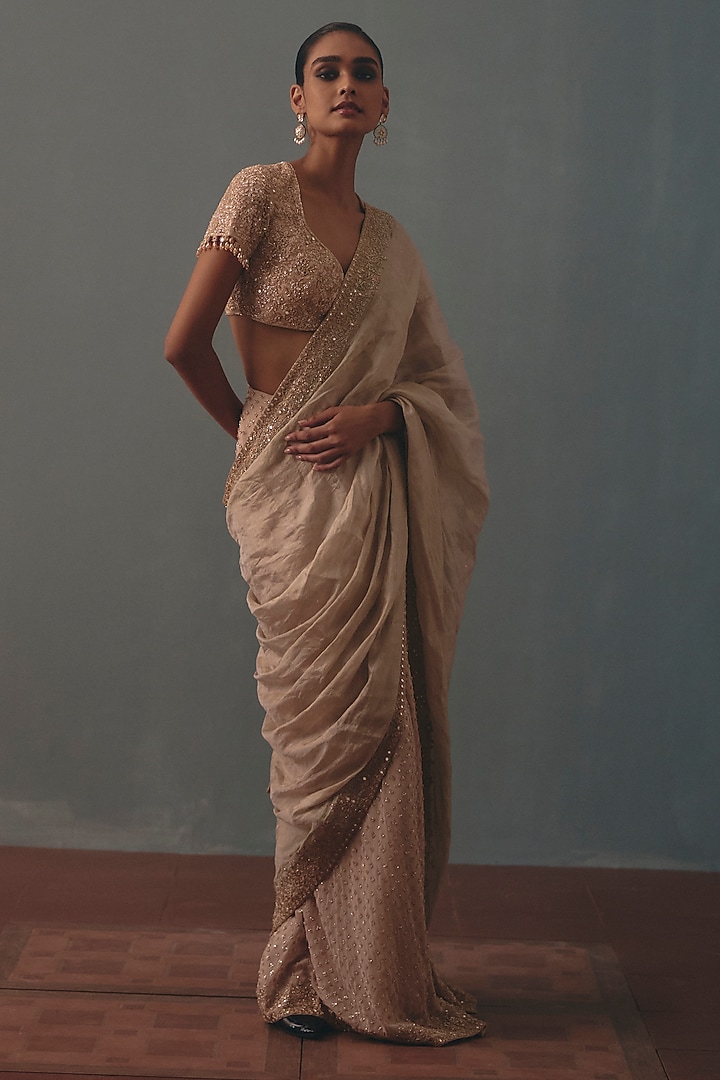 Rose Gold Tissue Silk Hand Embroidered Bridal Bridal Saree Set by Arpita Mehta at Pernia's Pop Up Shop