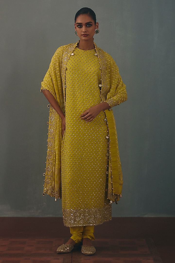 Lime Georgette Hand Embroidered Kurta Set by Arpita Mehta at Pernia's Pop Up Shop