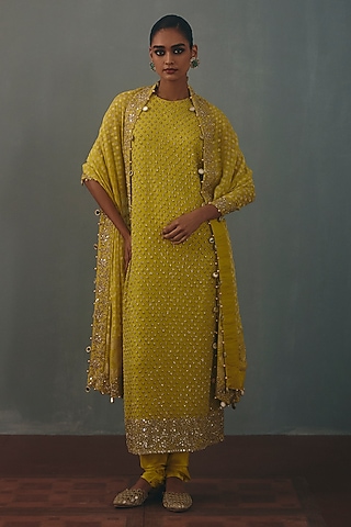 Lime Georgette Hand Embroidered Kurta Set by Arpita Mehta