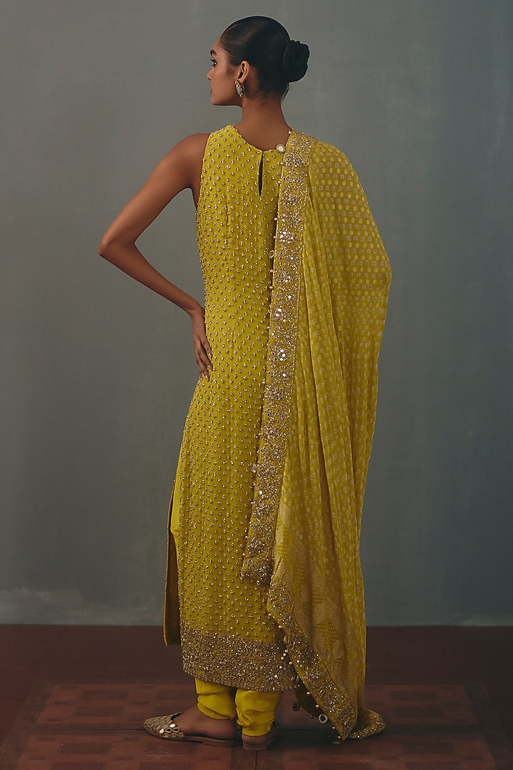 Lime Georgette Hand Embroidered Kurta Set by Arpita Mehta at Pernia's Pop Up Shop