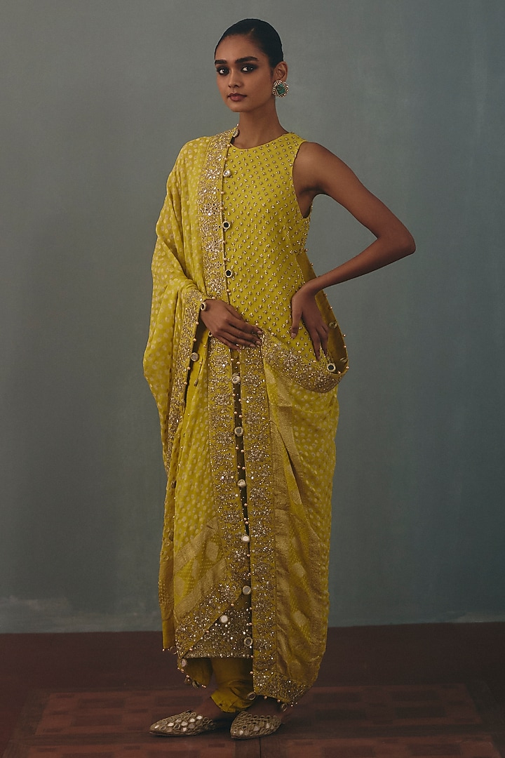 Lime Georgette Hand Embroidered Kurta Set by Arpita Mehta at Pernia's Pop Up Shop