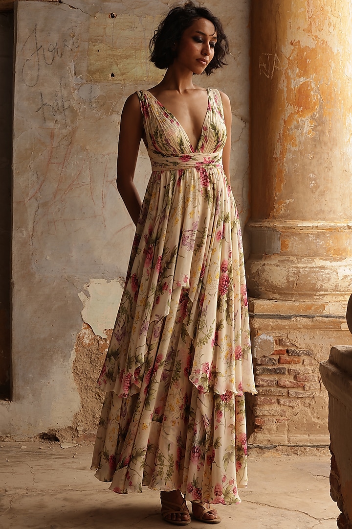 Coconut Colored Georgette Printed Pleated Maxi Dress by Arpita Mehta at Pernia's Pop Up Shop