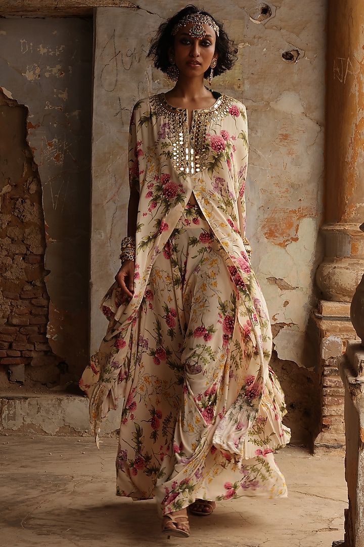 Coconut Colored Crepe Silk Printed & Embroidered Cape Set by Arpita Mehta at Pernia's Pop Up Shop