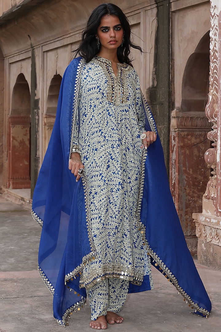 Blue Crepe Silk Printed & Embroidered Kurta Set by Arpita Mehta at Pernia's Pop Up Shop