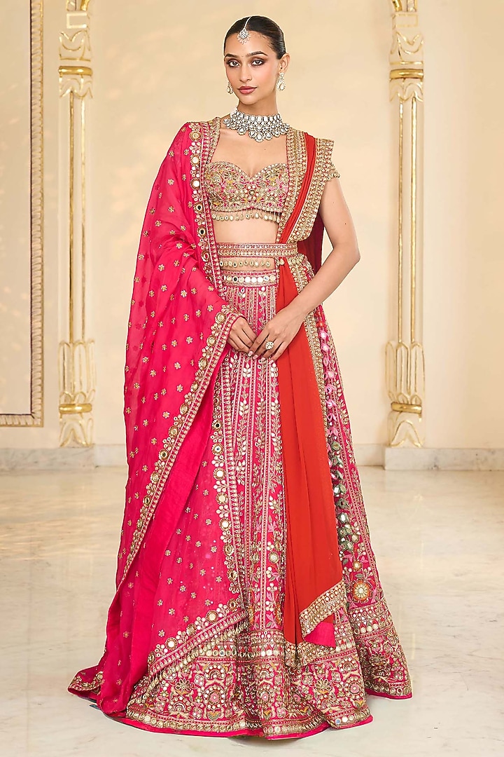 Rani Pink Organza Mirror Hand Embroidered Bridal Lehenga Set by Arpita Mehta at Pernia's Pop Up Shop