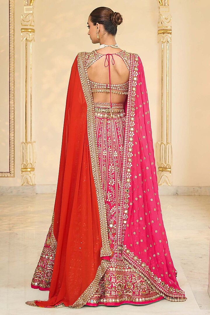 Rani Pink Organza Mirror Hand Embroidered Bridal Lehenga Set by Arpita Mehta at Pernia's Pop Up Shop
