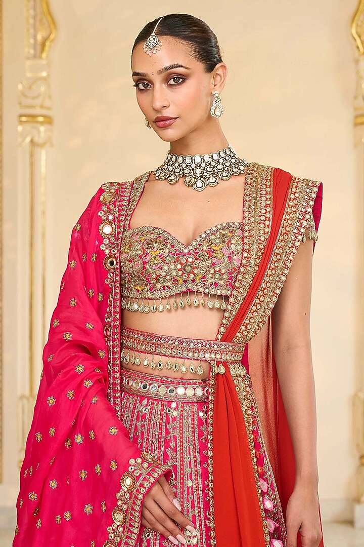 Rani Pink Organza Mirror Hand Embroidered Bridal Lehenga Set by Arpita Mehta at Pernia's Pop Up Shop