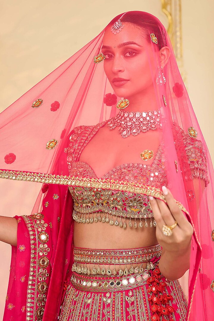 Rani Pink Organza Mirror Hand Embroidered Bridal Lehenga Set by Arpita Mehta at Pernia's Pop Up Shop