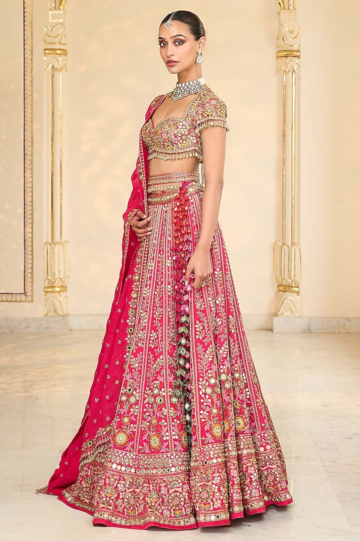 Rani Pink Organza Mirror Hand Embroidered Bridal Lehenga Set by Arpita Mehta at Pernia's Pop Up Shop