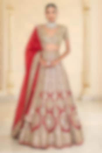 Red & Gold Organza Mirror Hand Embroidered Bridal Lehenga Set by Arpita Mehta at Pernia's Pop Up Shop