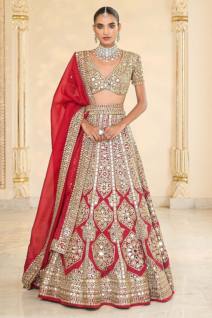 Red & Gold Organza Mirror Hand Embroidered Bridal Lehenga Set by Arpita Mehta at Pernia's Pop Up Shop