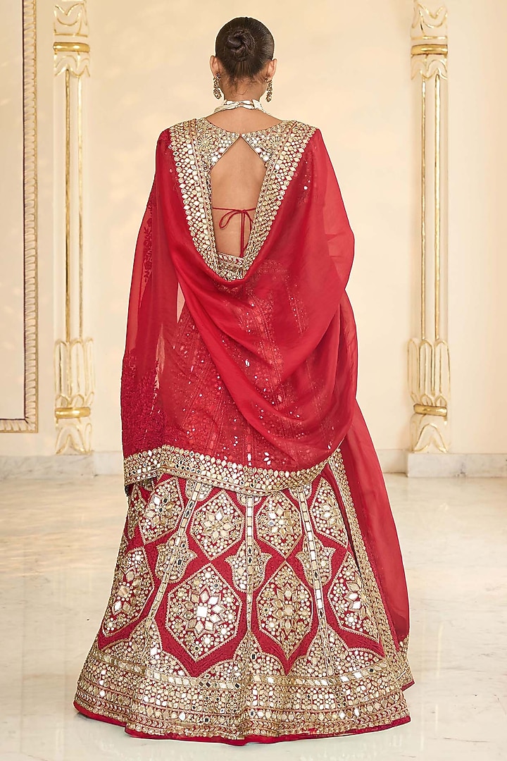 Red & Gold Organza Mirror Hand Embroidered Bridal Lehenga Set by Arpita Mehta at Pernia's Pop Up Shop