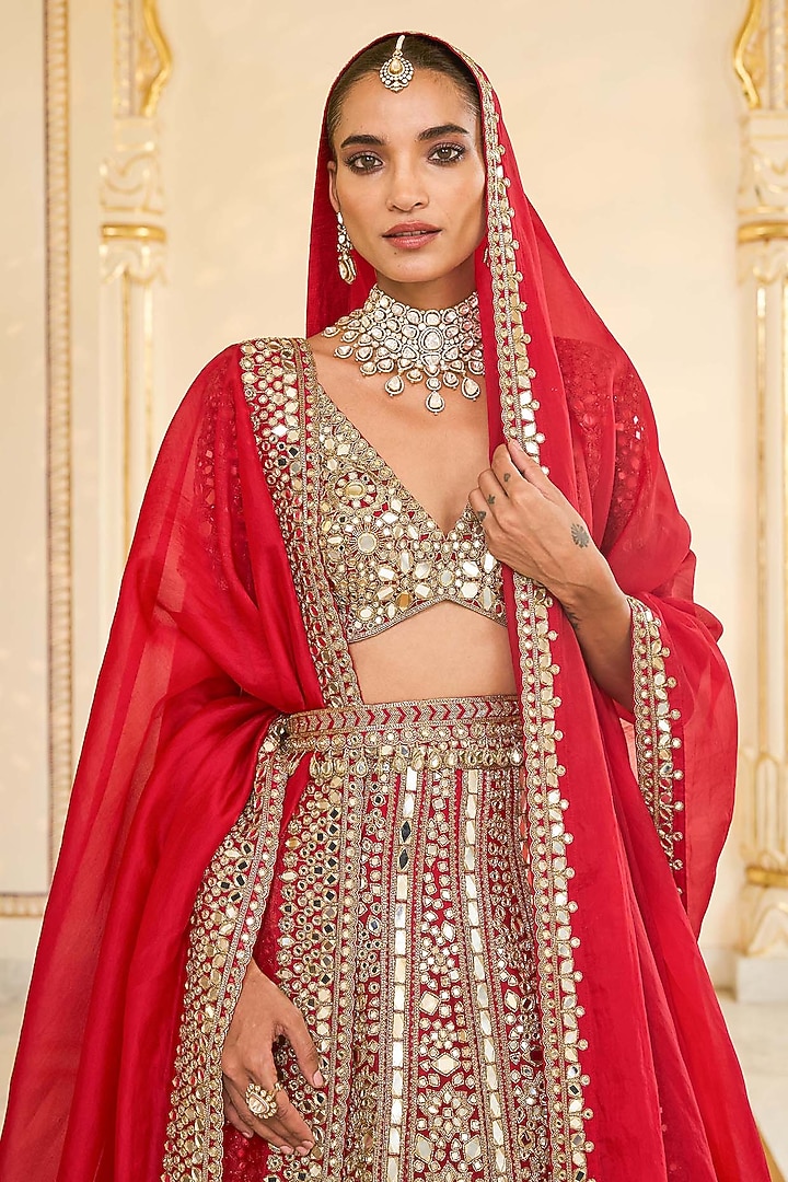 Red & Gold Organza Mirror Hand Embroidered Bridal Lehenga Set by Arpita Mehta at Pernia's Pop Up Shop