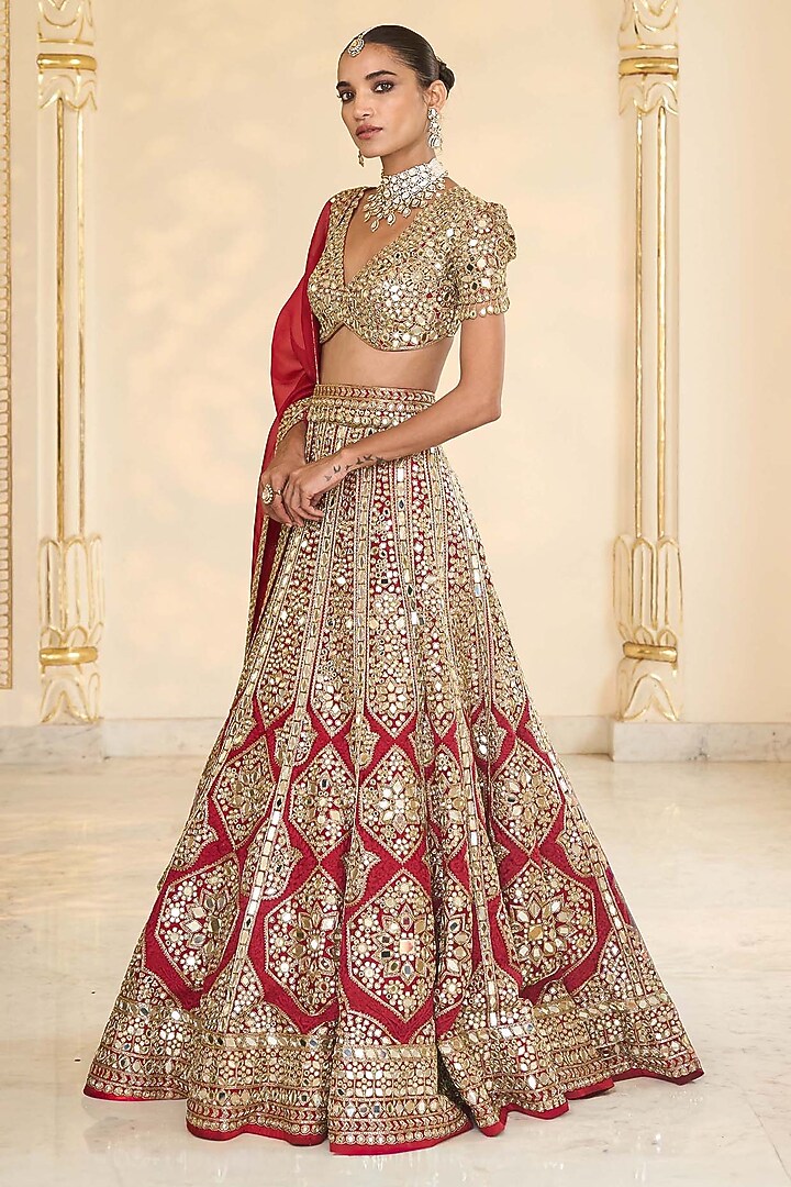 Red & Gold Organza Mirror Hand Embroidered Bridal Lehenga Set by Arpita Mehta at Pernia's Pop Up Shop